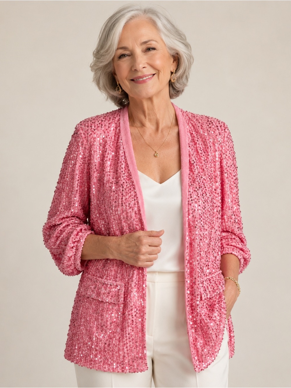 Bright Taffy Pink Full Shiny Sequin Open Cardigan Medium Glam Dopamine Bold